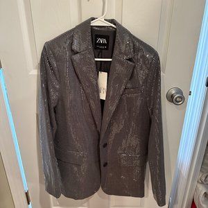 Zara- Matte Sequin Grey Oversized Blazer